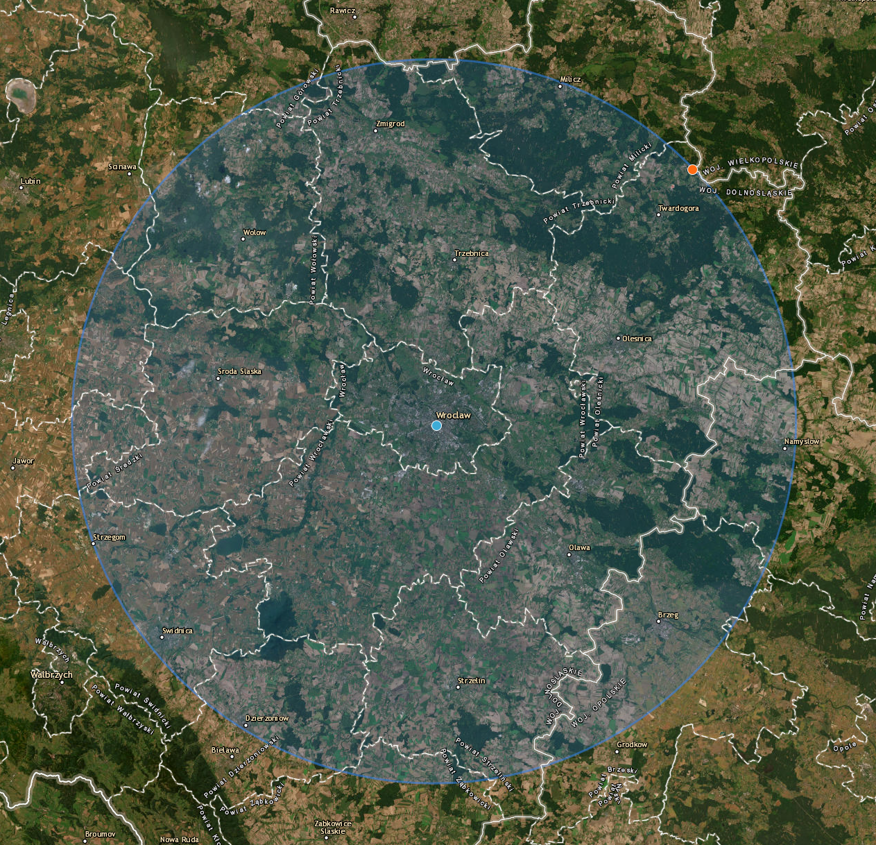 Mapa obszaru działania firmy – Wrocław i okolice w promieniu 50 km